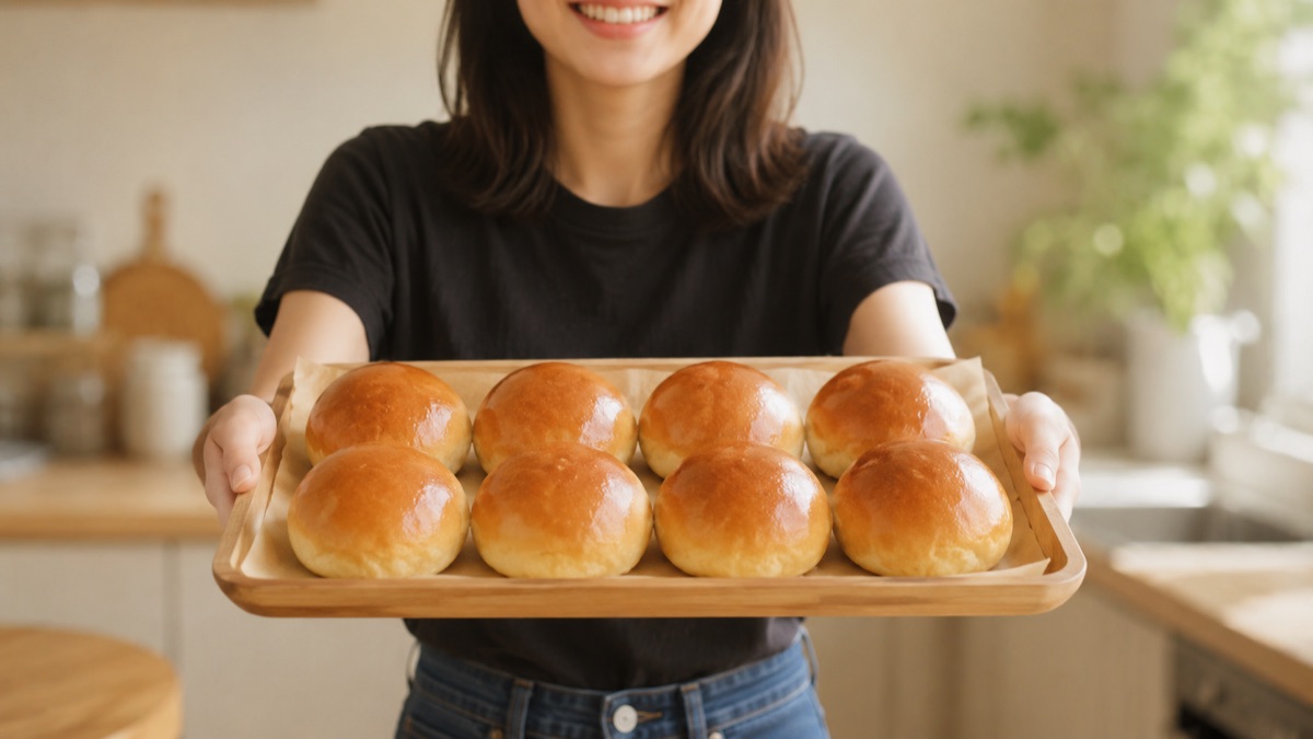 焼きたてのパンをトレーに載せて笑顔で差し出す女性